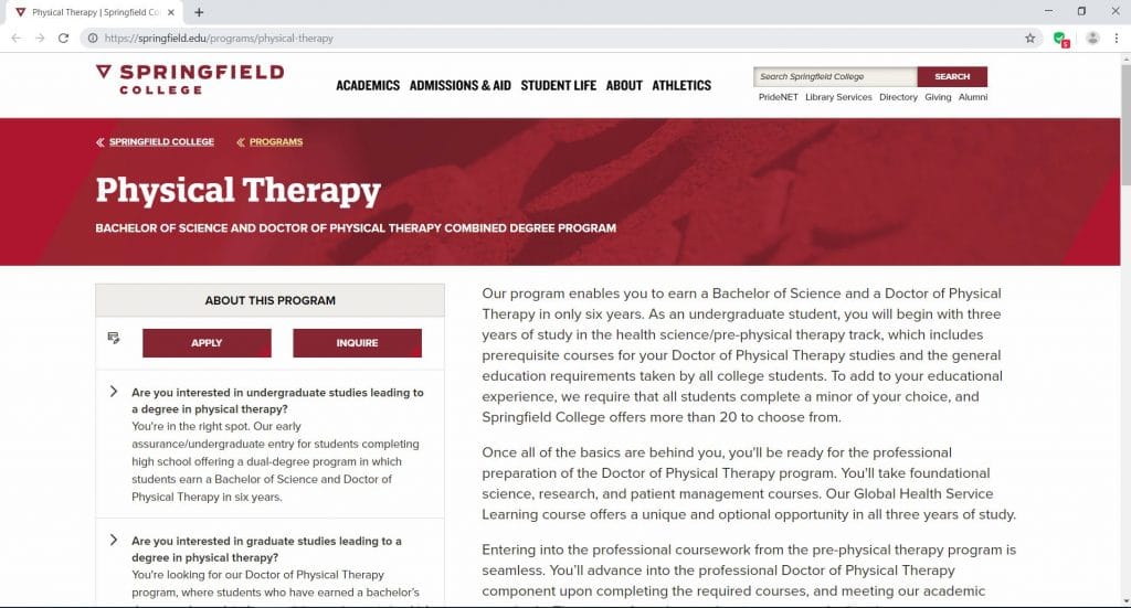 webpage of Springfield College for the physical therapy program
